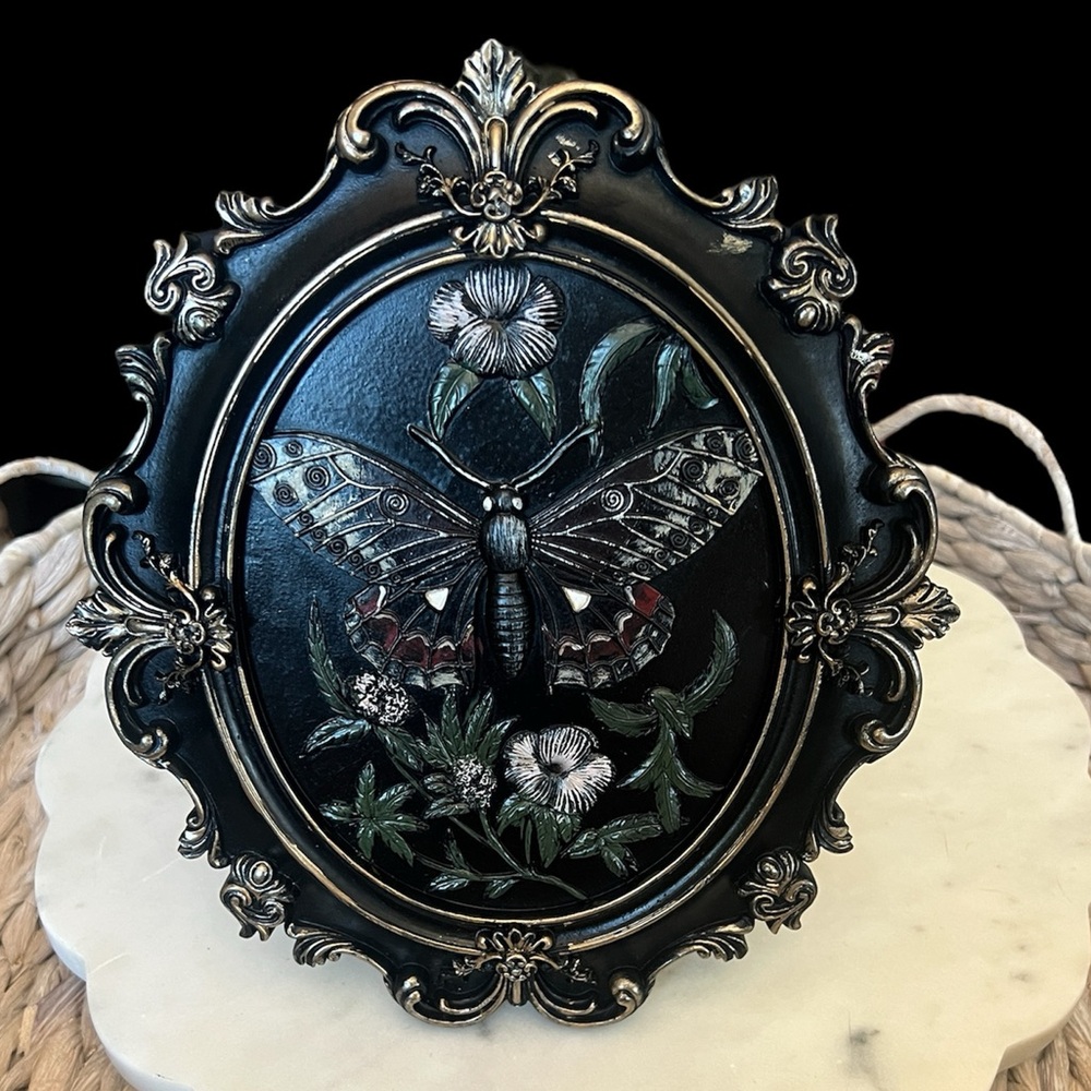 NEW Ornate Antiqued Resin Black & gold 3-D Butterfly/Moth & floral Goth scene